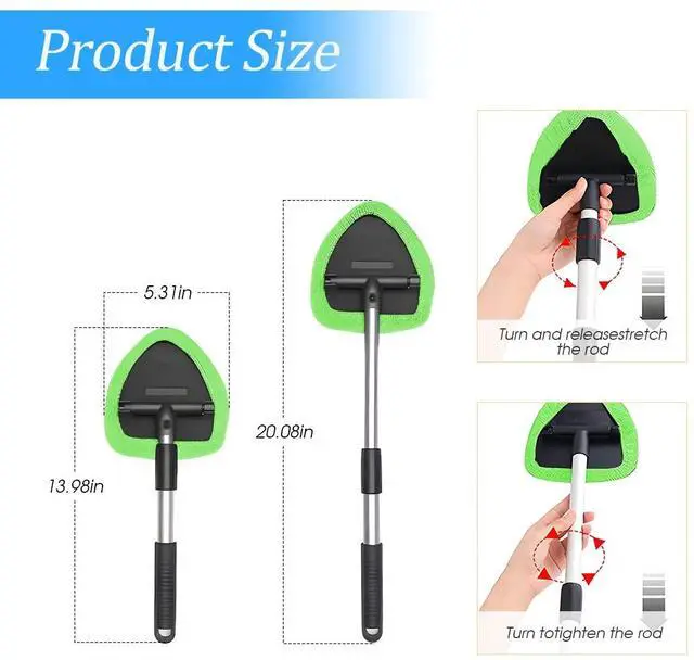 Alt view image 2 of 6 - Windshield Cleaning Tool, Car Window Cleaner with Extendable Long Handle and 4 Washable Reusable Microfiber Pads, Auto Interior Exterior Glass Wiper Cleaning Kit Universal for Office and Home (Green)