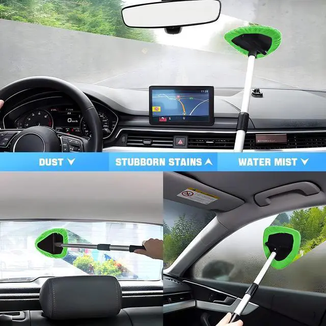 Alt view image 4 of 6 - Windshield Cleaning Tool, Car Window Cleaner with Extendable Long Handle and 4 Washable Reusable Microfiber Pads, Auto Interior Exterior Glass Wiper Cleaning Kit Universal for Office and Home (Green)