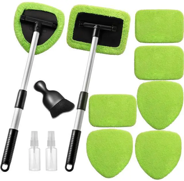 Main image of 11pcs Windshield Cleaner Tool, Car Window Cleaning Wash Kit with 6 Reusable Microfiber Pads 2 Spray Bottles and Extendable Handles Auto Glass Wiper Kit, Green