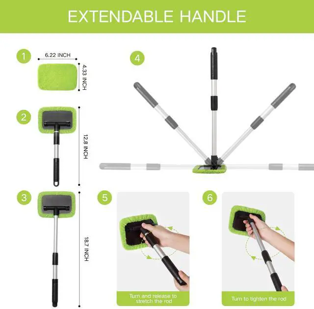 Alt view image 5 of 7 - 11pcs Windshield Cleaner Tool, Car Window Cleaning Wash Kit with 6 Reusable Microfiber Pads 2 Spray Bottles and Extendable Handles Auto Glass Wiper Kit, Green