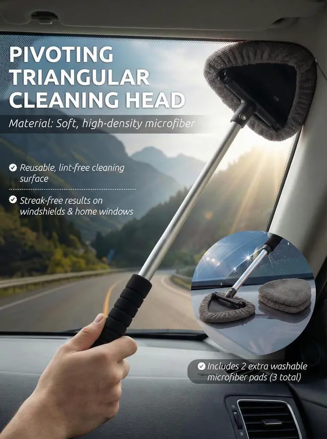 Alt view image 3 of 7 - Window & Windshield Cleaner, Extendable, 3 Microfiber Pads (Grey)
