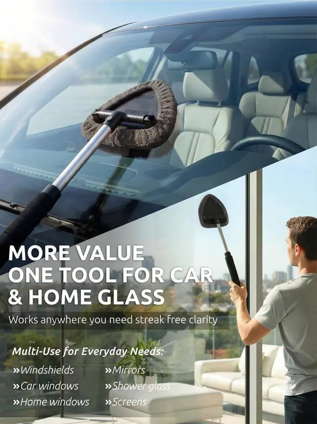 Alt view image 7 of 7 - Window & Windshield Cleaner, Extendable, 3 Microfiber Pads (Grey)