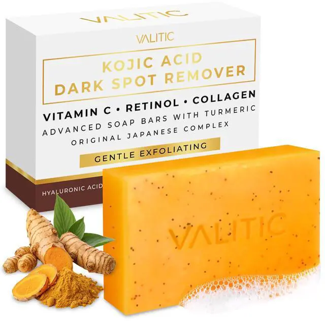 Main image of Kojic Acid Soap - Turmeric Soap for Dark Spots for Face and Body - Exfoliating Bar for Hyperpigmentation, Skin Tone Corrector with Retinol, Vitamin C, Collagen and Hyaluronic Acid - 1 Pack