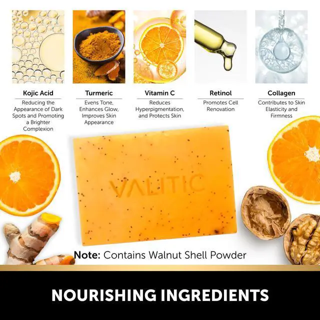 Alt view image 5 of 7 - Kojic Acid Soap - Turmeric Soap for Dark Spots for Face and Body - Exfoliating Bar for Hyperpigmentation, Skin Tone Corrector with Retinol, Vitamin C, Collagen and Hyaluronic Acid - 1 Pack