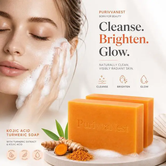 Alt view image 2 of 7 - Kojic Acid Turmeric Soap Bar Dark Spot Remover for face and body Even Skin Tone, Moisturizing & Nourishing Natural Ingredients100g (2 Bars)