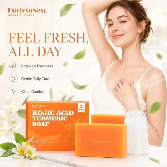 Alt view image 3 of 7 - Kojic Acid Turmeric Soap Bar Dark Spot Remover for face and body Even Skin Tone, Moisturizing & Nourishing Natural Ingredients100g (2 Bars)