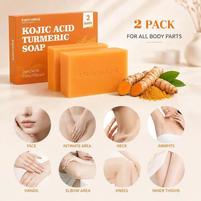 Alt view image 5 of 7 - Kojic Acid Turmeric Soap Bar Dark Spot Remover for face and body Even Skin Tone, Moisturizing & Nourishing Natural Ingredients100g (2 Bars)