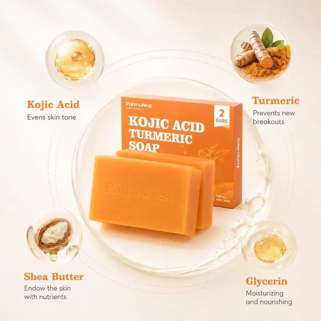 Alt view image 6 of 7 - Kojic Acid Turmeric Soap Bar Dark Spot Remover for face and body Even Skin Tone, Moisturizing & Nourishing Natural Ingredients100g (2 Bars)