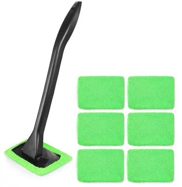 Main image of 6PCS Windshield Cleaning Tool Car Window Cleaner with 5 Reusable and Washable Microfiber Pads and Extendable Handle Auto Inside Glass Wiper Kit Green (Green)