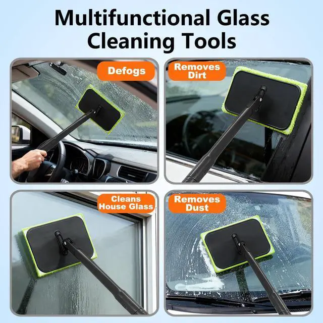 Alt view image 3 of 7 - Windshield Cleaner Tool with 6 Reusable Magic Fiber Pads & Spray Bottle, Removable Handle Car Window Wiper Kit for Interior/Exterior Glass, Trucks, SUVs, RV (Dry & Wet Use)