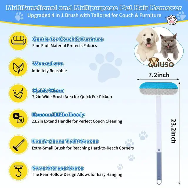 Alt view image 4 of 7 - Pet Hair Remover for Furniture 23.2Inch Reusable Dog & Cat Hair Removal Brush, Washable Lint Cleaner with Long Handle, 4-in-1 Pet Hair Remover for Couch, Carpet, Clothes & Bedding