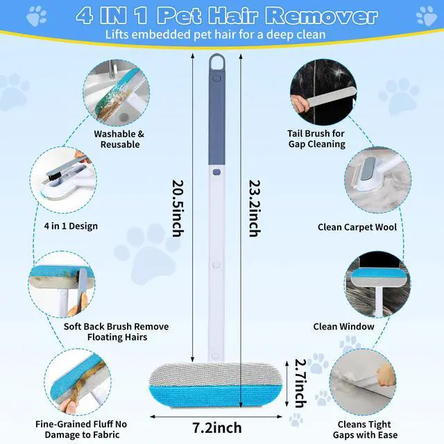 Alt view image 6 of 7 - Pet Hair Remover for Furniture 23.2Inch Reusable Dog & Cat Hair Removal Brush, Washable Lint Cleaner with Long Handle, 4-in-1 Pet Hair Remover for Couch, Carpet, Clothes & Bedding
