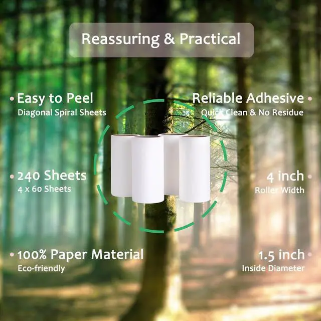 Alt view image 7 of 7 - Lint Roller Refills 4 inch Extra Sticky Pet Hair Roller Replacement Refills Only, Inside Diameter 1.5 inch, 60 Sheets per Roll (Pack of 4, Total 240 Sheets)