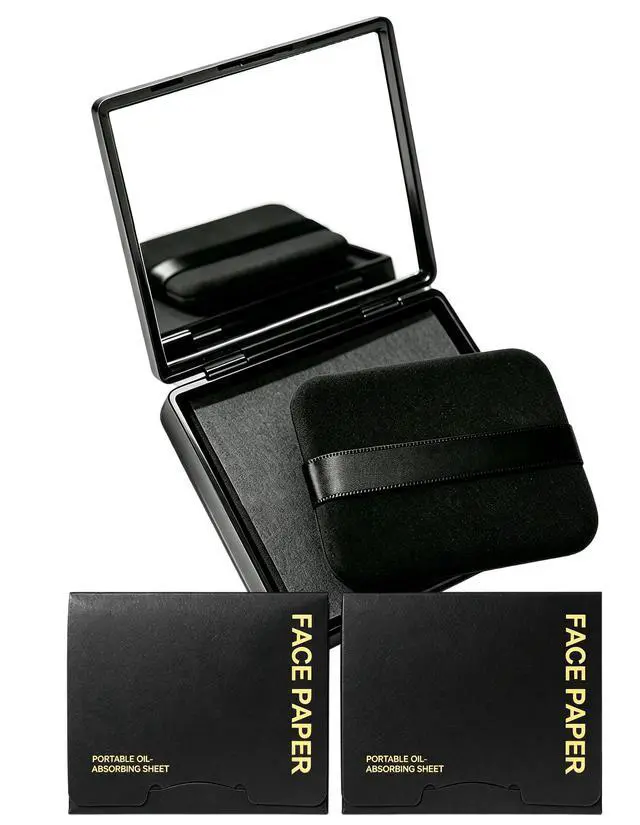 Main image of Bamboo Charcoal Oil Blotting Paper - 300 Sheets w/Mirror, Puff & Refills, Absorbs Excess Face Oil, Controls Shine, Gentle for Makeup Use
