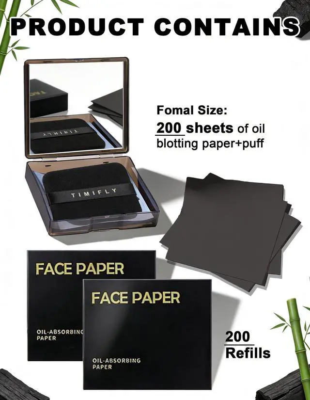 Alt view image 2 of 7 - Bamboo Charcoal Oil Blotting Paper - 300 Sheets w/Mirror, Puff & Refills, Absorbs Excess Face Oil, Controls Shine, Gentle for Makeup Use