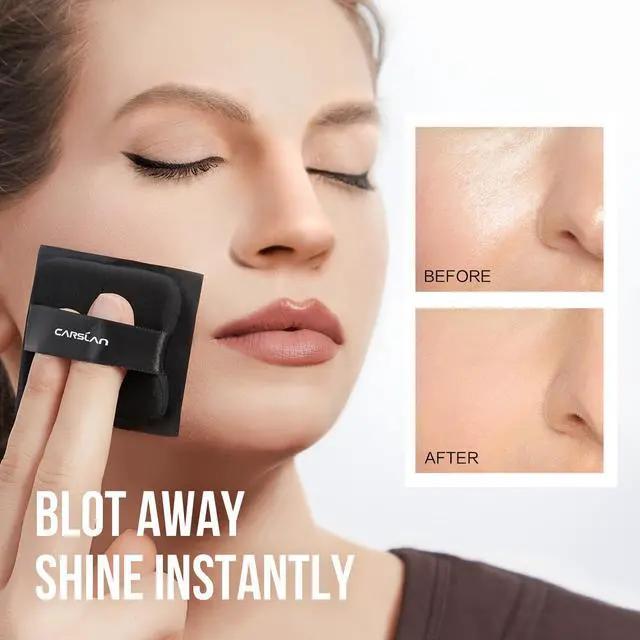 Alt view image 2 of 7 - Makeup Blotting Paper with Powder, Black Magnet Blotting Sheet for Oily & Combination Skin, Portable Compact with Puff & Mirror, Keeps Makeup Fresh All Day, 150 Sheets + 8 Refill Adhesive Pads