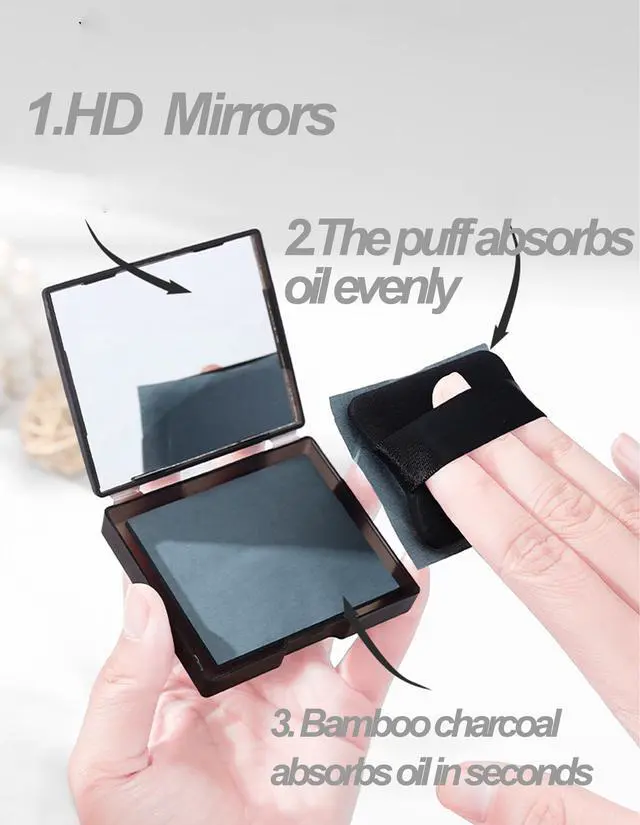 Alt view image 4 of 7 - Bamboo Charcoal Oil Blotting Paper - 300 Sheets w/Mirror, Puff & Refills, Absorbs Excess Face Oil, Controls Shine, Gentle for Makeup Use