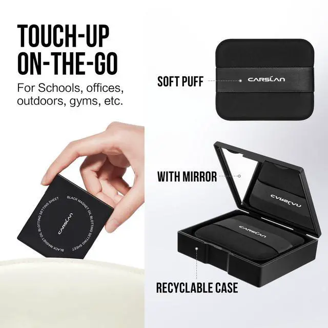 Alt view image 5 of 7 - Makeup Blotting Paper with Powder, Black Magnet Blotting Sheet for Oily & Combination Skin, Portable Compact with Puff & Mirror, Keeps Makeup Fresh All Day, 150 Sheets + 8 Refill Adhesive Pads