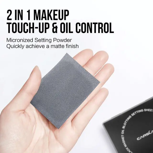 Alt view image 3 of 7 - Makeup Blotting Paper with Powder, Black Magnet Blotting Sheet for Oily & Combination Skin, Portable Compact with Puff & Mirror, Keeps Makeup Fresh All Day, 150 Sheets + 8 Refill Adhesive Pads