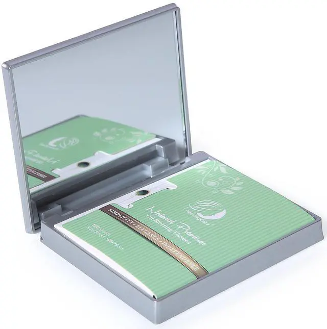 Main image of Makeup Mirror with Facial Oil Blotting Paper Sheets Green Tea 100 Counts, Silver Compact Folding Cosmetic Travel Mirror