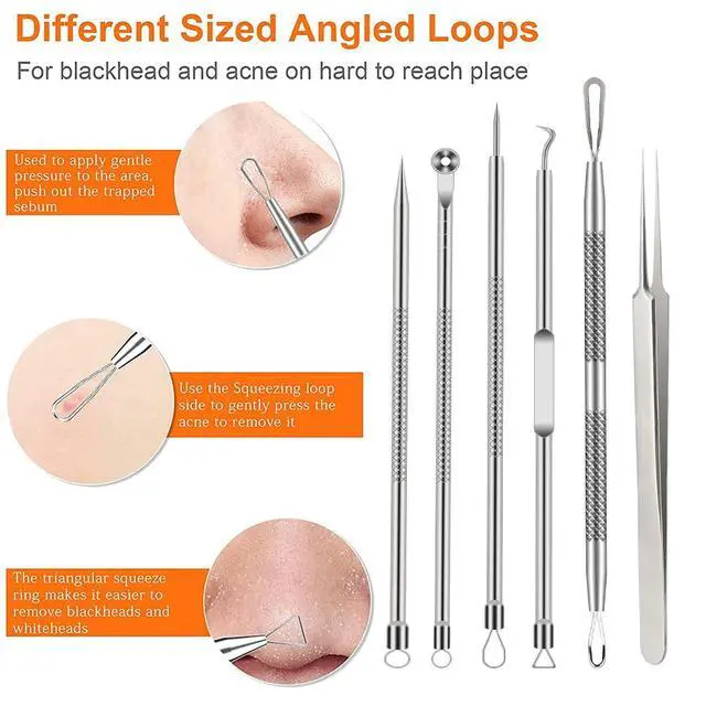 Alt view image 3 of 7 - Pimple Popper Tool Kit, 6 Pcs Blackhead Remover Acne Needle Tools Set Removing Treatment Comedone Whitehead Popping Zit for Nose Face Skin Blemish Extractor Tool - Silver