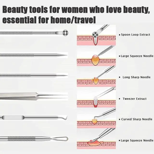Alt view image 4 of 7 - Pimple Popper Tool Kit, 6 Pcs Blackhead Remover Acne Needle Tools Set Removing Treatment Comedone Whitehead Popping Zit for Nose Face Skin Blemish Extractor Tool - Silver