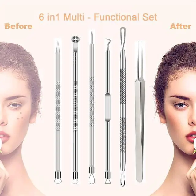 Alt view image 7 of 7 - Pimple Popper Tool Kit, 6 Pcs Blackhead Remover Acne Needle Tools Set Removing Treatment Comedone Whitehead Popping Zit for Nose Face Skin Blemish Extractor Tool - Silver