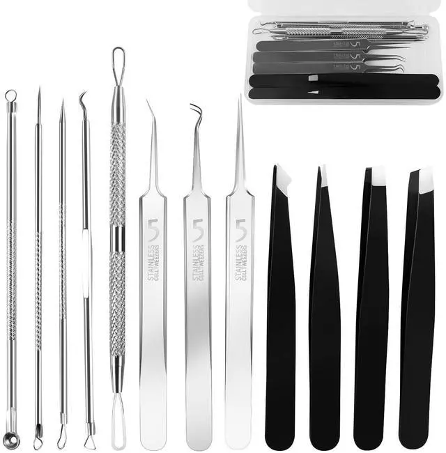 Main image of Blackhead Remover Tools, 8 Pack Pimple Popper Tool Kit, 4 Pack Tweezers Set, Quickly and Easily Removes Acne and Blackheads, Precision Eyebrow Tweezers for Facial Hair