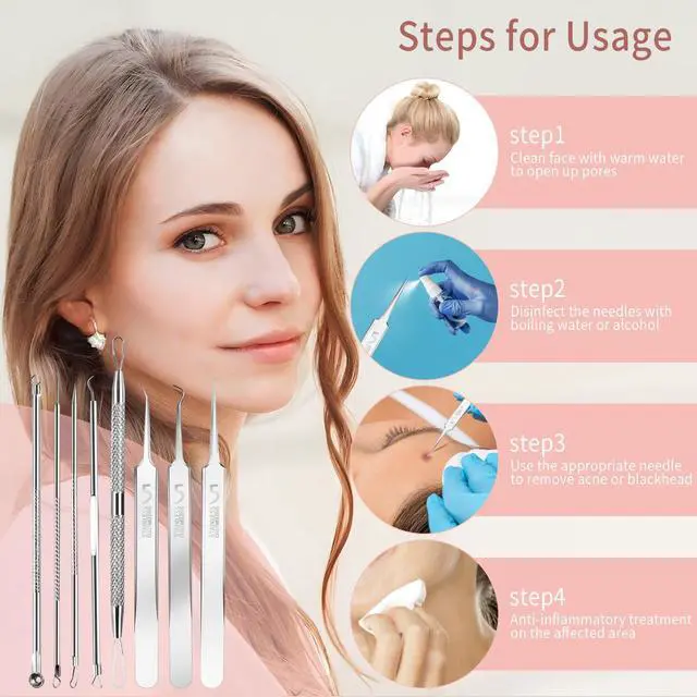 Alt view image 4 of 7 - Blackhead Remover Tools, 8 Pack Pimple Popper Tool Kit, 4 Pack Tweezers Set, Quickly and Easily Removes Acne and Blackheads, Precision Eyebrow Tweezers for Facial Hair