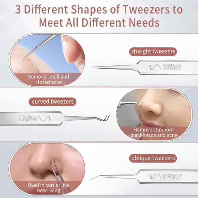 Alt view image 6 of 7 - Blackhead Remover Tools, 8 Pack Pimple Popper Tool Kit, 4 Pack Tweezers Set, Quickly and Easily Removes Acne and Blackheads, Precision Eyebrow Tweezers for Facial Hair