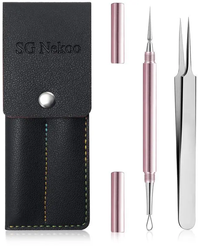 Main image of Professional Facial Milia Remover Tools and Whitehead Extractor,Titanium Alloy Double Ended Needle and Steel Tweezers Kit,Blackhead,Blemish,Zit and Pimple Acne Removal Popper (Stainless Pink)
