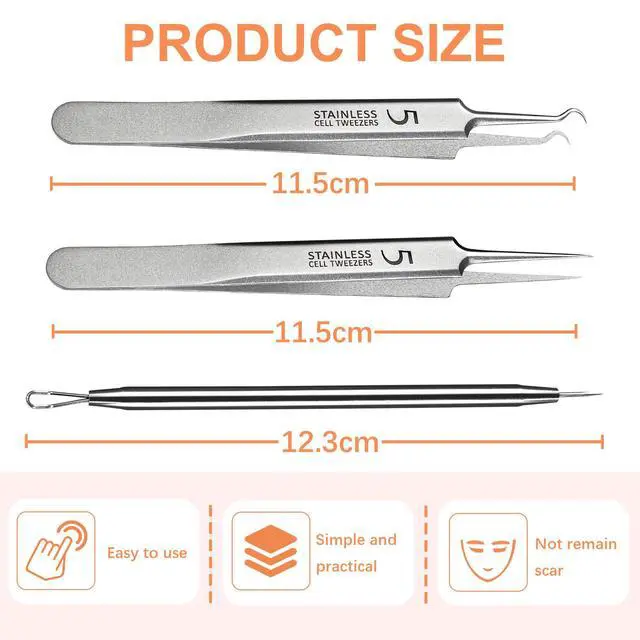 Alt view image 2 of 7 - Blackhead Tweezers, Milia Remover, Pimple Popper Tool,Ingrown Hair Tweezers, Blackhead Extractor