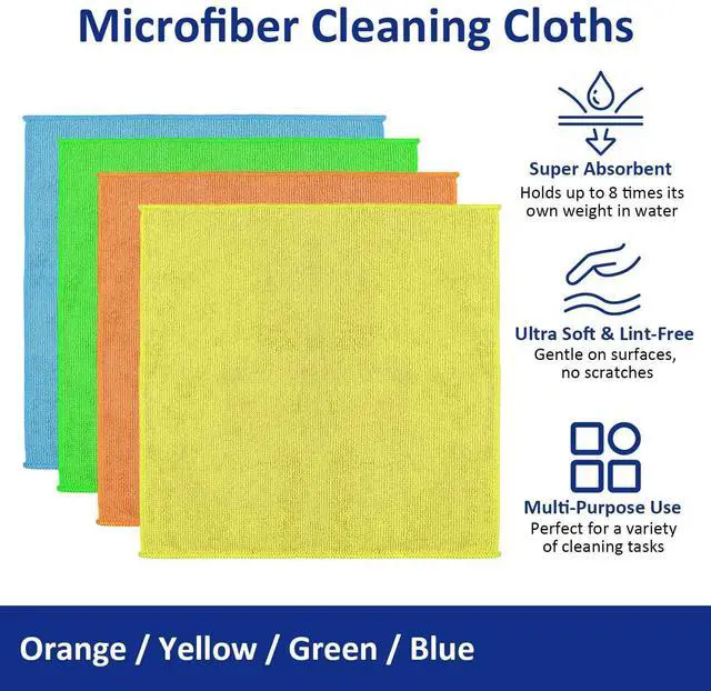 Alt view image 2 of 6 - Microfiber Cleaning Cloths (12-Pack), 14" x 14", Ultra Absorbent, Lint-Free, Streak-Free, Reusable, Ideal for Car, Kitchen, Window, and Household Cleaning (Orange/Yellow/Green/Blue)