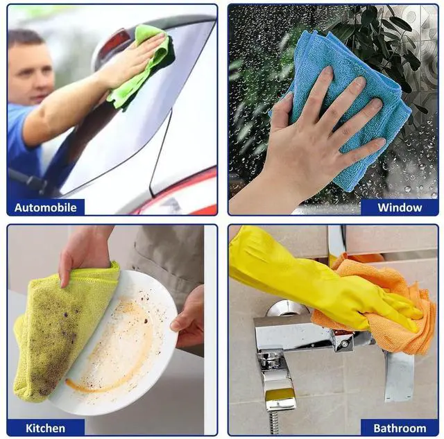 Alt view image 5 of 6 - Microfiber Cleaning Cloths (12-Pack), 14" x 14", Ultra Absorbent, Lint-Free, Streak-Free, Reusable, Ideal for Car, Kitchen, Window, and Household Cleaning (Orange/Yellow/Green/Blue)