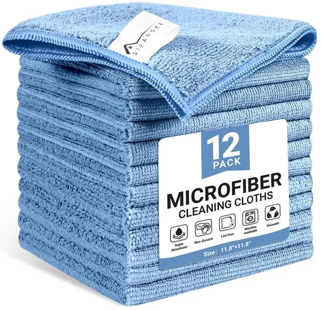 Main image of Microfiber Cleaning Cloth, 12 Pack Blue Cleaning Rags for Housekeeping, Reusable Microfiber Towels for Car, Kitchen, Bathroom and Household Cleaning Supplies, 11.8"X11.8"