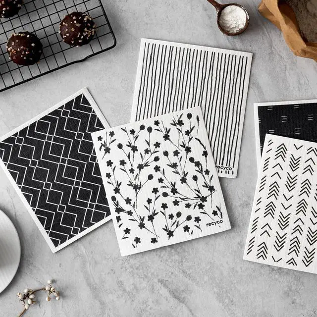 Alt view image 2 of 7 - Swedish Dishcloths for Kitchen | 5 Pack Geometric Washable Dish Rags | Cellulose Reusable Cleaning Paper Towels | Absorbent Counter Dish Cloth Sponge Kitchen Wipes, 8" L x 7" W