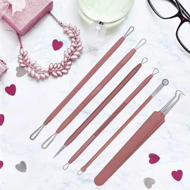 Alt view image 5 of 6 - Blackhead Remover Tool Comedones Extractor Acne Removal Kit for Blemish, Whitehead Popping, 6 Pcs Zit Removing for Nose Face Tools with a Leather Bag (Pink)