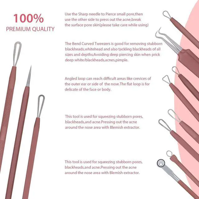 Alt view image 4 of 6 - Blackhead Remover Tool Comedones Extractor Acne Removal Kit for Blemish, Whitehead Popping, 6 Pcs Zit Removing for Nose Face Tools with a Leather Bag (Pink)