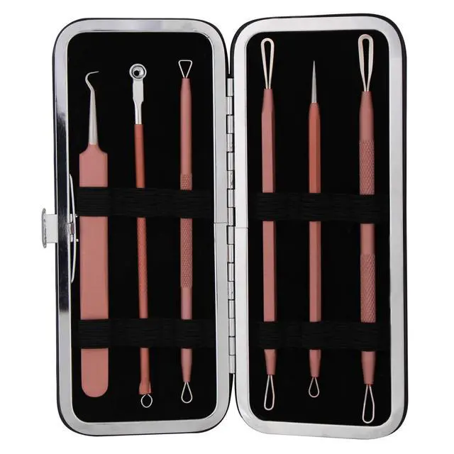 Alt view image 6 of 6 - Blackhead Remover Tool Comedones Extractor Acne Removal Kit for Blemish, Whitehead Popping, 6 Pcs Zit Removing for Nose Face Tools with a Leather Bag (Pink)