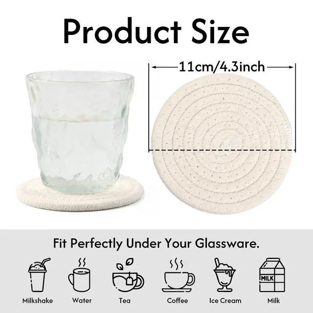 Alt view image 2 of 7 - Coasters Set of 4 for Drinks, Cotton Woven 4 Colors Absorbent Boho Coasters for Home Decor Cups - Hot or Cold Drink Thickened (White)