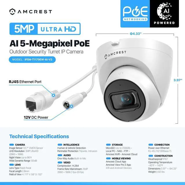 Alt view image 7 of 7 - 5MP Turret POE Camera, UltraHD Outdoor IP Camera POE with Mic/Audio, 5-Megapixel Security Surveillance Cameras, 98ft NightVision, 132° FOV, MicroSD (256GB), (IP5M-T1179EW-AI-V3)