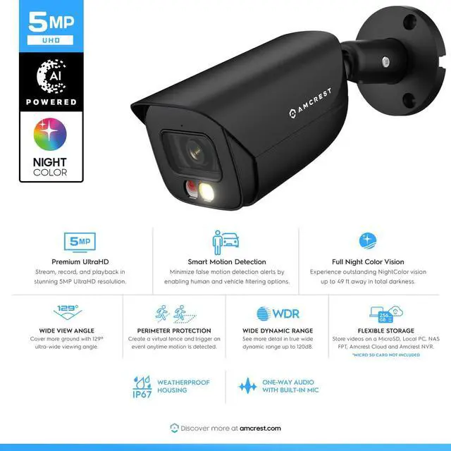 Alt view image 2 of 7 - 5MP IP PoE AI Camera w/ 49ft Color Night Vision, Security Outdoor Bullet Camera, Built-in Microphone, Human & Vehicle Detection, Active Deterrent, 129° FOV, 5MP@20fps IP5M-B1276EB-AI (Black)