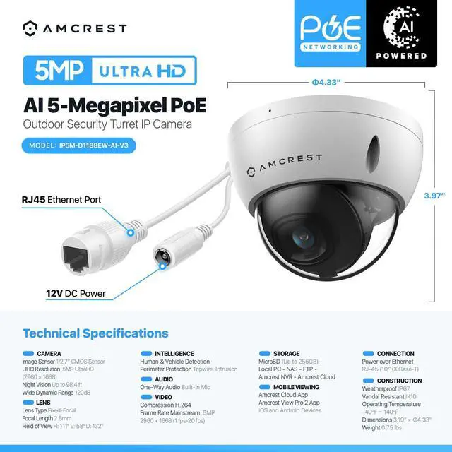 Alt view image 7 of 7 - 5MP POE Camera, Outdoor Vandal Dome Security POE IP Camera, 5-Megapixel, 98ft NightVision, 2.8mm Lens, IP67, IK10 Resistance, MicroSD 256GB (Sold Separately), Cloud, NVR (IP5M-D1188EW-AI-V3)
