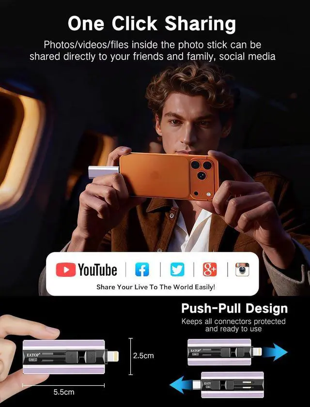 Alt view image 6 of 7 - 512GB Dual Interface Flash Drive, No App Required, Portable USB Storage Memory Stick for iPhone, iPad, Android, PC & Mac Easily Stores Photos, Videos & Files (Lavender Purple)