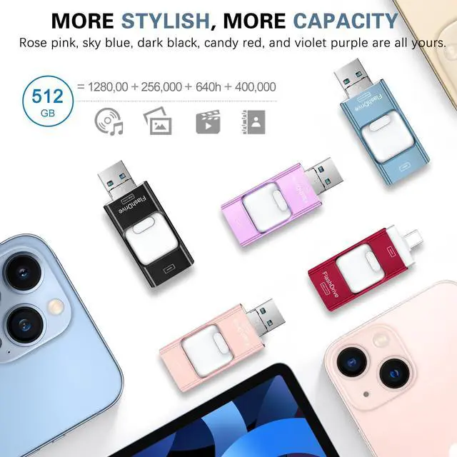 Alt view image 5 of 7 - Thumb Drive for iPhone 512GB, 4 in 1 USB Type C Memory Stick, Photo Stick External Storage Flash Drive for iPhone iPad Android Computer, Sky Blue