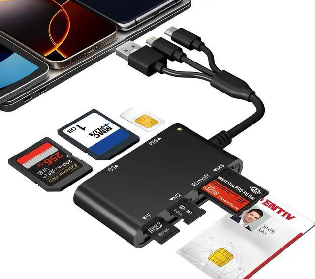 Main image of SIM Card Reader for iPhone/PC, 7 in 3 Lightning/USB-A/USB-C CAC Reader Military Smart Card Reader & SD/TF/M2/ID/IC/SIM/PIV/Ms Pro Duo Card Reader for iPhone/iPad/PC/Laptop/Windows/Linux Plug and Play