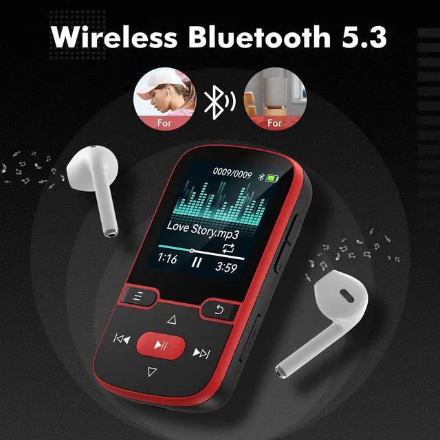 Alt view image 2 of 7 - 64GB MP3 Player Bluetooth 5.3 with Clip, HiFi Sport Music Player, 1.5 Inch Screen MP3 Player for Kids with Physical Buttons, FM Radio/Pedometer/Voice Recorder, Weighs Only 28g, TF Card Up to 128G(Red)