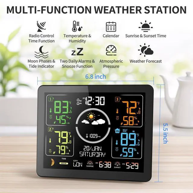 Alt view image 2 of 7 - Weather Stations Wireless Indoor Outdoor Thermometer with Multiple Sensors, 7.5" VA Display Weather Forecast Station with Atomic Clock, Temperature, Humidity and Adjustable Backlight for Home