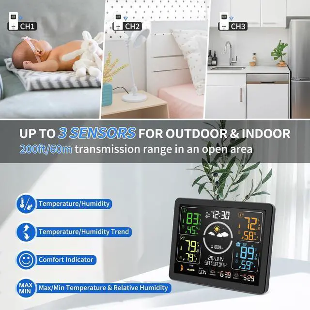 Alt view image 3 of 7 - Weather Stations Wireless Indoor Outdoor Thermometer with Multiple Sensors, 7.5" VA Display Weather Forecast Station with Atomic Clock, Temperature, Humidity and Adjustable Backlight for Home
