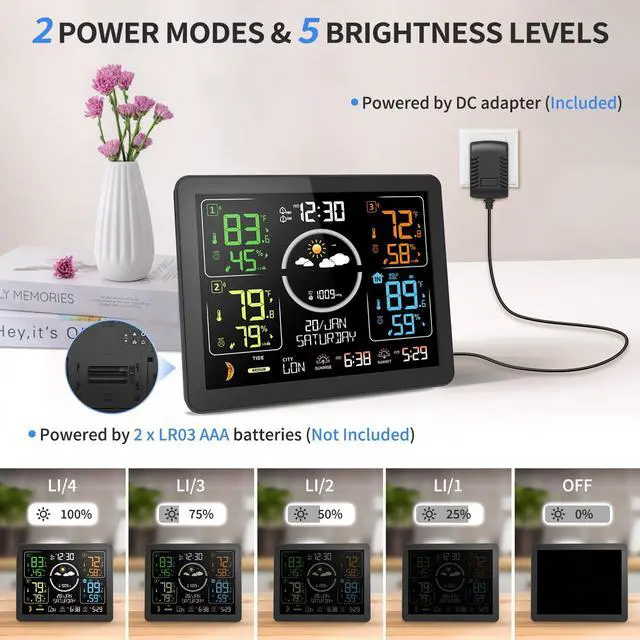 Alt view image 5 of 7 - Weather Stations Wireless Indoor Outdoor Thermometer with Multiple Sensors, 7.5" VA Display Weather Forecast Station with Atomic Clock, Temperature, Humidity and Adjustable Backlight for Home